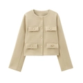 Detail of beige knit jacket featuring textured weave and golden cylindrical buttons - S / Apricot