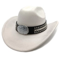 Detail of white suede cowboy hat with studded leather band and rhinestone buckle - M (56-58cm) / Beige