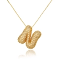 Macro view of gold letter N pendant with sparkling micro-pave crystals and polished box chain - Letter N (D1079-N)