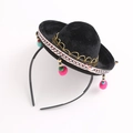 Mexican festive black velvet headband with gold lace, colorful beads and pink pompoms - Black Style-Wood Beads-Colorful Pompoms