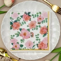 Floral printed paper napkin with pink flowers and gold border in elegant table setting - Pink Orange Floral Golden Rim (1061)