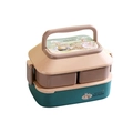 Double-layer rabbit bento lunch box in green and brown with handle and clear tier - Small / Cyan
