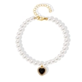 Elegant white pearl pet necklace featuring a golden heart pendant with black gemstone inlay - Black
