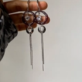 Silver long tassel earrings featuring deep purple resin hoop and sparkling zircon stones - 925 Silver Needle / Silver