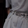 Silver thin belt featuring double rose metal buckles and metallic elastic texture - Silver Double Rose Waist Chain