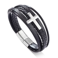 Dettaglio del bracciale multistrato in pelle intrecciata nera con croce e chiusura magnetica - 19cm / Color Acciaio