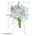 White artificial rose wedding boutonniere with green leaves and pearl accents - Ivory