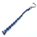 Detailed view of dark blue woven rope keychain with wooden bead and silver heart clip - Blue Woven Lipstick Mesh Bag