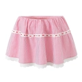 Gros plan détaillé de la jupe à rayures roses avec dentelle blanche et ruban rouge - S / Robe Rose