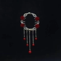 Elegant bun clip hair accessory with red rose petals, rhinestones and dangling bead tassels - F0449 Red Rose Wreath
