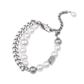 Double-layer Cuban chain and pearl bracelet with adjustable lobster clasp and steel beads - Silver Bracelet (Full Length 22cm Adjustable)