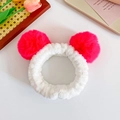 White plush headband with pink pom poms for face washing and skincare styling - Rose Red