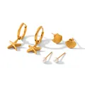 Detailed view of 3-piece gold stainless steel earring set with starfish and pearls - Hoop Sea Star Shell Pearl 3-Pair Set (HC-E10883)