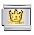 Italian charm bracelet link in silver with golden princess crown and lettering - Gold Crown Princess-Y582