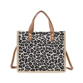 Bolso tote de lino con estampado de leopardo, asas marrones y detalles de remaches - Negro
