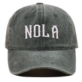 Detailed view of the white 3D NOLA embroidery on a vintage washed grey baseball cap - Adjustable / Green