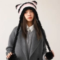 Pink and black striped cat ear faux fur hat with fuzzy pom-pom tassels and soft lining - Cat Ear Hat Pink Black White