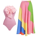 Body rosa con volant floreali 3D e gonna lunga a trapezio a vita alta con blocchi di colore - S / Con Gonna Lunga / Set Costume da Bagno con Fiore 3D