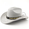 Detailed side view of light grey faux suede cowboy hat with vintage bull head buckle - M (56-58cm) / Light Gray