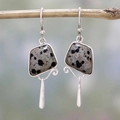 Bohemian silver drop earrings with dalmatian jasper stones hanging on a branch - S617 Dalmatian Stone Long