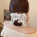 Floral fabric scrunchie with white lace edges on a bun hairstyle for women - Cream Floral Lace (46#)