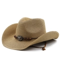 Classic straw cowboy hat with wide brim, wooden beads and silver bull head ornament - Khaki