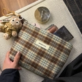 Detail of checkered fabric pouch in brown and blue with zip closure and brand label - Vintage Plaid Clutch Bag