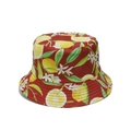 Detailed view of red summer bucket hat with lemon print and reinforced stitching - M (56-58cm) / Dark Red Background Lemon Print (D)