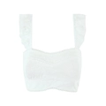Top corto bianco con ricamo floreale, spalline a balze e dettagli in pizzo su fondo bianco - S / Tops