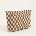 Brown and beige checkered knit cosmetic bag with a durable metal zipper closure - Khaki Plaid