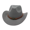 Close-up of gray felt cowboy hat featuring a brown braided band and bronze skull buckle - One Size (57cm) / Gray