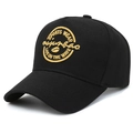 Classic black 5-panel baseball cap with yellow sports embroidery shown at a 45-degree angle - Black with Gold Embroidery