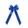 Close-up of royal blue satin ribbon bow hair clip with long streamers on white background - Sapphire Blue