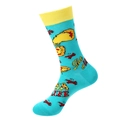 Lake blue mid-calf socks with pizza patterns and Slice of Life knitting design - One Size / 983 Cheese Pizza/Lake Blue