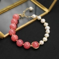 Pink strawberry quartz and white pearl bracelet with 18k gold plated clasp - Watermelon Red Contrast Color Freshwater Pearl Bracelet