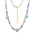 S925 silver beaded necklace featuring white pearls and green heart pendants - Pearl Colorful Bead Heart Pendant Necklace (PSN07-14K)