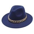 Detail of navy blue wool felt fedora featuring a thick decorative gold metal chain - M (56-58cm) / Navy Blue