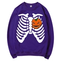 Dark purple fleece hoodie featuring a Halloween ribcage and pumpkin print - S / Tops / Deep Purple (Pumpkin Skeleton)