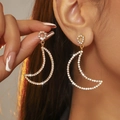 Golden crescent moon long earrings with luxury white rhinestones on model's ear - Gold Moon Shaped Full Rhinestone Large Earrings (DTE1416137GL-W)