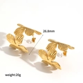 Macro view of gold C-shaped flower earrings showing 26.8mm size and 20g weight details - Three-petal Leaf Flower Style (TE60223)