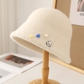 Creamy white plush bucket hat with cute bear patch and heart ornaments for winter - M (56-58cm) / Bear Style / Beige