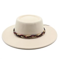 Detail of beige wide brim wool fedora with a colorful bohemian braided hat band - M (56-58cm) / Beige