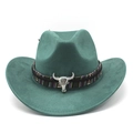 Detail of dark green suede cowboy hat with colorful woven band and silver bull skull charm - M (56-59cm) / Peacock Green Suede