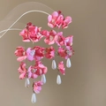 Pink floral fabric tassel earrings with white drop pearls and silver-tone studs - Style 19 (Silver Post) / Pink