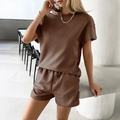 Women's summer brown knit 2-piece lounge set with short sleeve top and drawstring shorts - S / Brown
