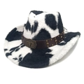 Cow print western cowboy hat in plush fabric with bull head buckle and studded band - M (56-58cm) / Peach Heart Top (Cow Print) / Black