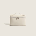 Minimalist beige lychee grain leather handbag with top handle and silver double zippers - 19*6*11 / White