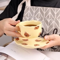 Cute beige ceramic coffee cup and saucer set with bear prints and wavy edges - 180ML / Yellow Bear