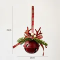 Red matte Christmas bell with brown antlers, green pine needles and plaid ribbon bow - Red Antler Bell