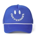 Royal blue trucker hat with COFFEEDAZE smiley face embroidery and white rope detail - All Royal Blue